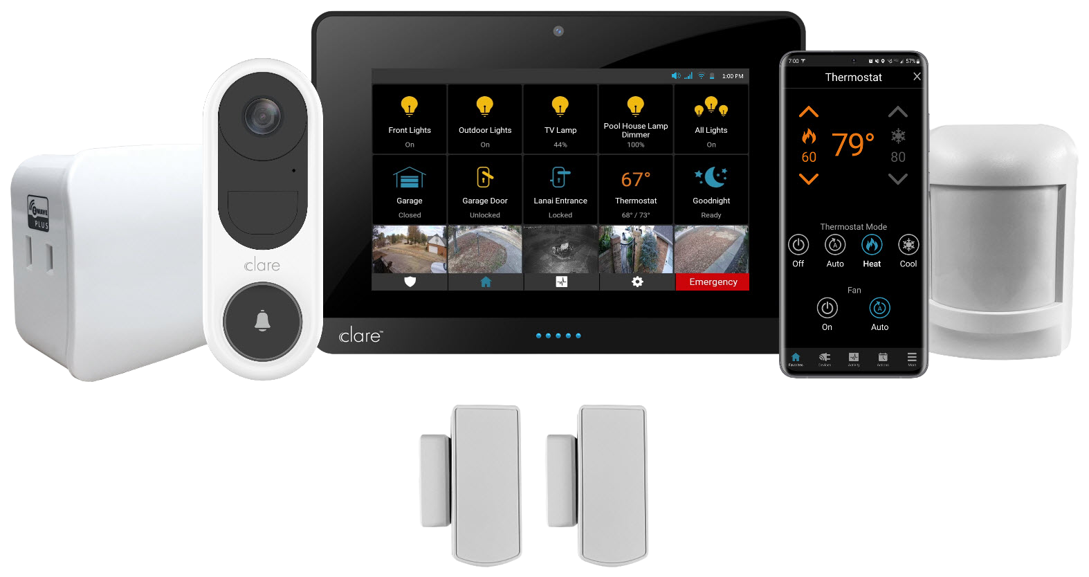 ClareOne security and smart-home kit — panel, doorbell, motion sensor, two door/window sensors, and plug-in dimmer